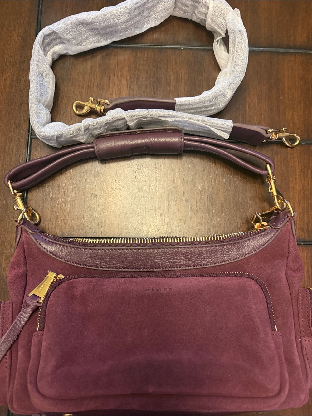 Aimee Kestenberg Burgundy Suede Shoulder Bag with Gold Hardware